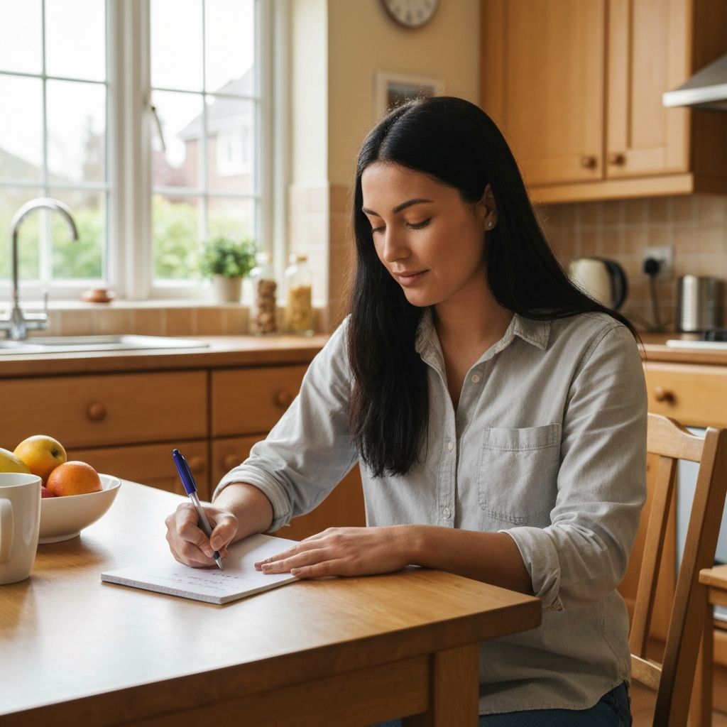 Person at a table writing a shopping list by hand on a notepad with a pen